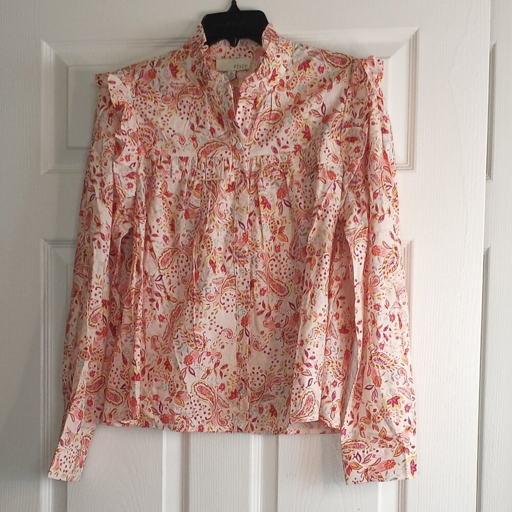 Pinch Coral Pink Floral Paisley Long Sleeve Ruffled Button Up Blouse
